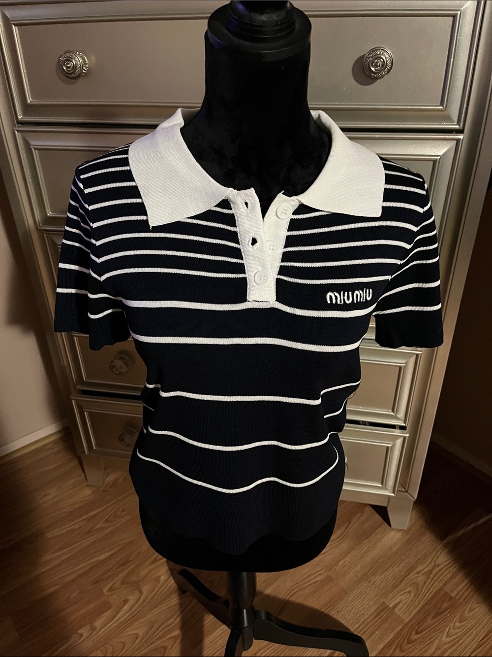 Miu Miu Navy and White Striped Polo Knit Top